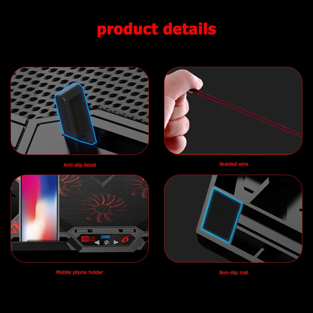 Gaming Laptop Cooler Portable USB Cooling Pad Stand with 6 Quiet LED Fan for 13-17 inch Notebook PC Accessories |