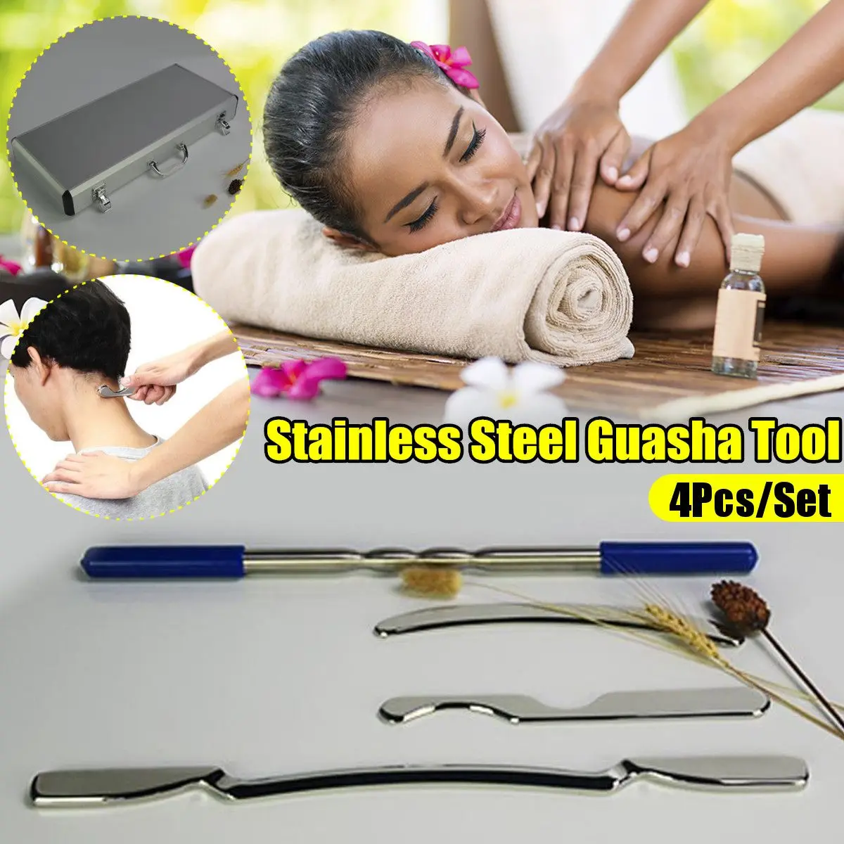 

4pcs/box Scraping Board Set Stainless Steel Low Magnetic Physiotherapy Body Scrapper Massage Plate Relaxation Guasha Kit