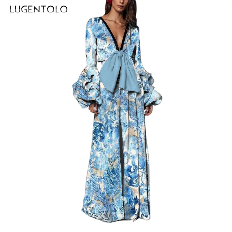 

Lugentolo Sexy Jumpsuits Women Deep V-neck Long Flared Sleeves Slim Casual Print Bow Fashion Lady Elegant Jumpsuits