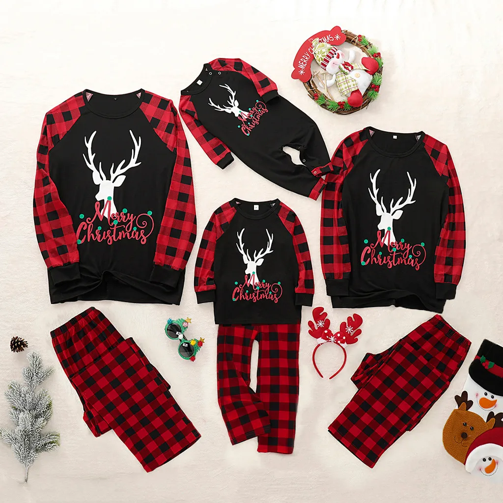 Hot Sale Family Matching Christmas Clothes Newborn Baby Infant Pajamas Deer Plaid Rompers | Детская одежда и обувь