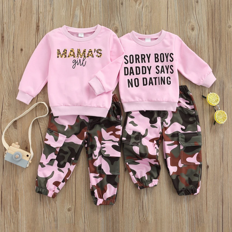 

Одежда для маленьких девочек, повседневная одежда, свитшот с длинным рукавом и буквенным принтом, топы, камуфляжные длинные брюки, детский с...