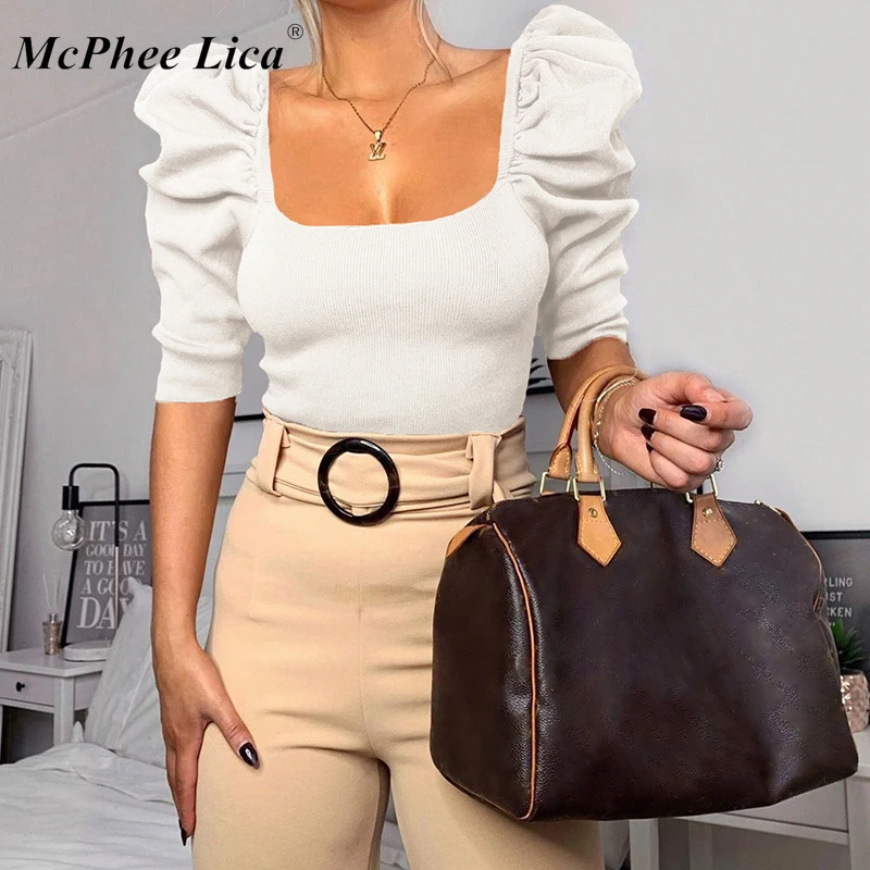 Винтажный буф рукав женская блузка квадратный вырез корейский стиль топы