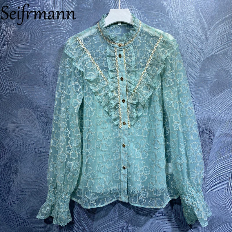 

Seifrmann New 2021 Autumn Women Fashion Runway Shirt Flare Sleeve Gorgeous Embroidery Lace Ruffles Tops Solid Mesh Loose Blouses