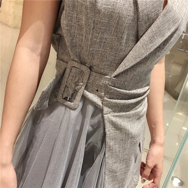 

New Fashion Runway Summer Dress Women Clothes 2019 Elegant OL Notched Collar Blazer Patchwork Tulle Party Office