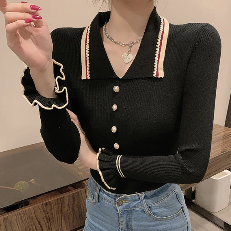 

Shintimes Turn-down Collar Women Sweater Slim Sexy Knitted Elastic Flare Sleeve 2020 Fall Winter Fashion Woman Sweaters Pullover