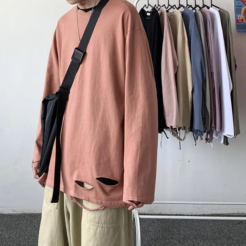 

Футболка мужская Осенняя новая футболка с дырками мужская одежда в гонконгском стиле трендовый Свободный корейский студенческий Топ с дли...