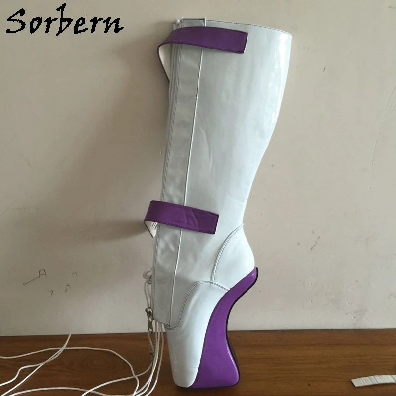 Sorbern Peach Black Patent Women Boots Knee High Ballet Hoof Ladies Heelless Lockable Lace Up Boot Fetish High Heel Shoes