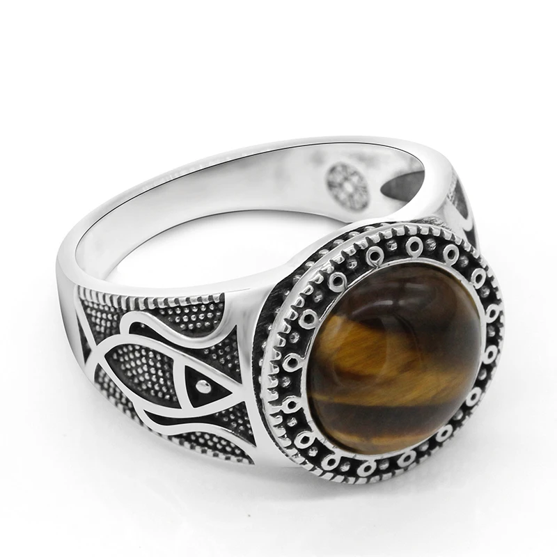 Реальные чистые 925 стерлинговое серебро древние турецкие кольца для мужчин с камнем Tiger Eyes Onyx, красочные украшения Punk Rock.