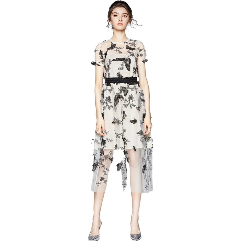 

Simgent Butterfly Dress Women Embroidery Midi Long Mesh Long Elegant Womens Dresses Vestidos Sommerkleid Robe Femme Jurk SG0742
