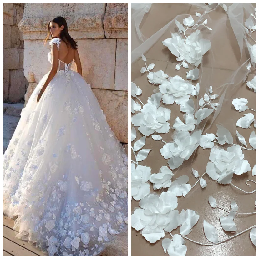 Precioso aplique 3D hecho a mano flor tul malla bordado DIY costura vestido de novia África tela de encaje blanco y espalda