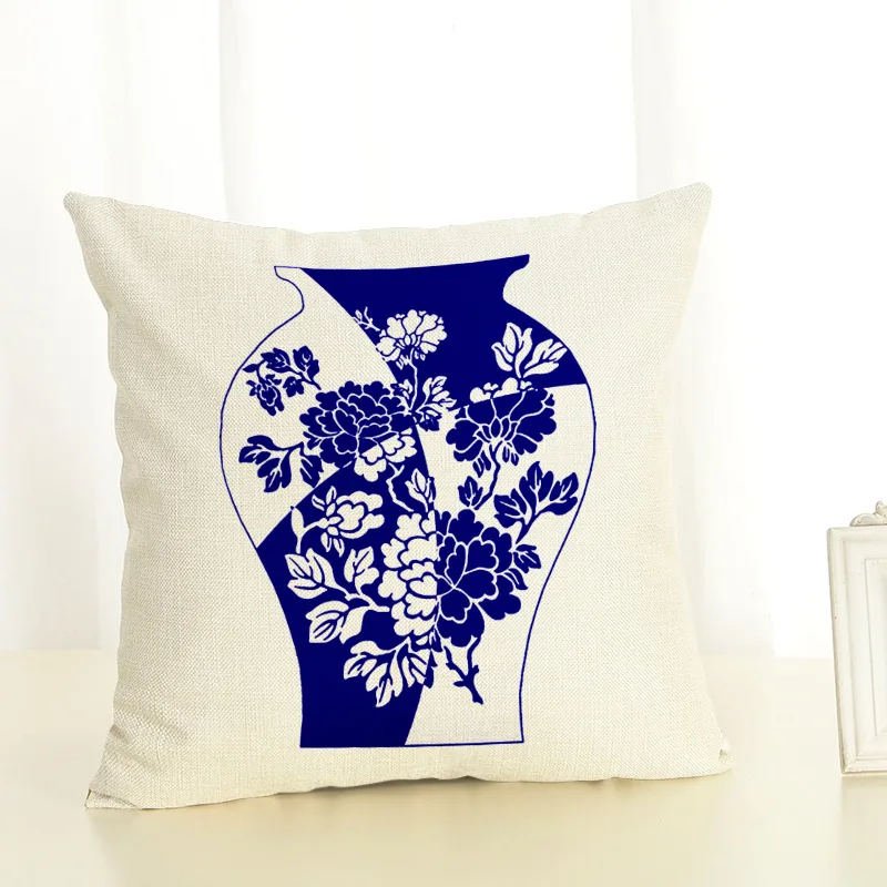 

Blue and White Porcelain Throw Pillow Cover Cushion Covers Traditional Chinese Calligraphy Square Pillow Case for Home Bedroom