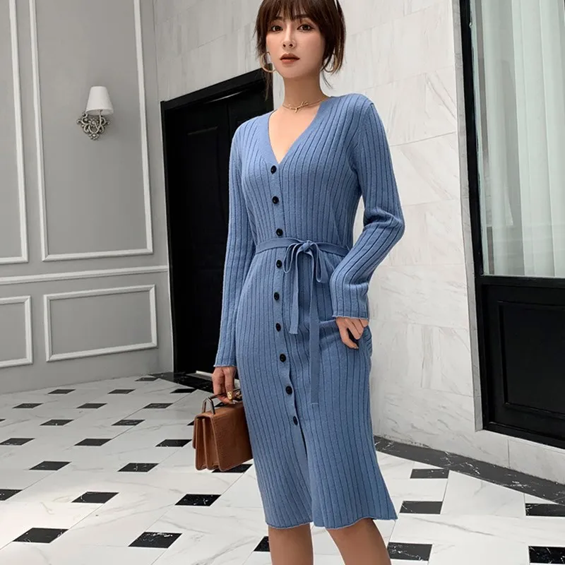 Fall Winter Women Korea Long Sleeve V-Neck Knitted Cardigans Lace Up Casual With Belt Sweater Cashmere Wool Slim Coat |