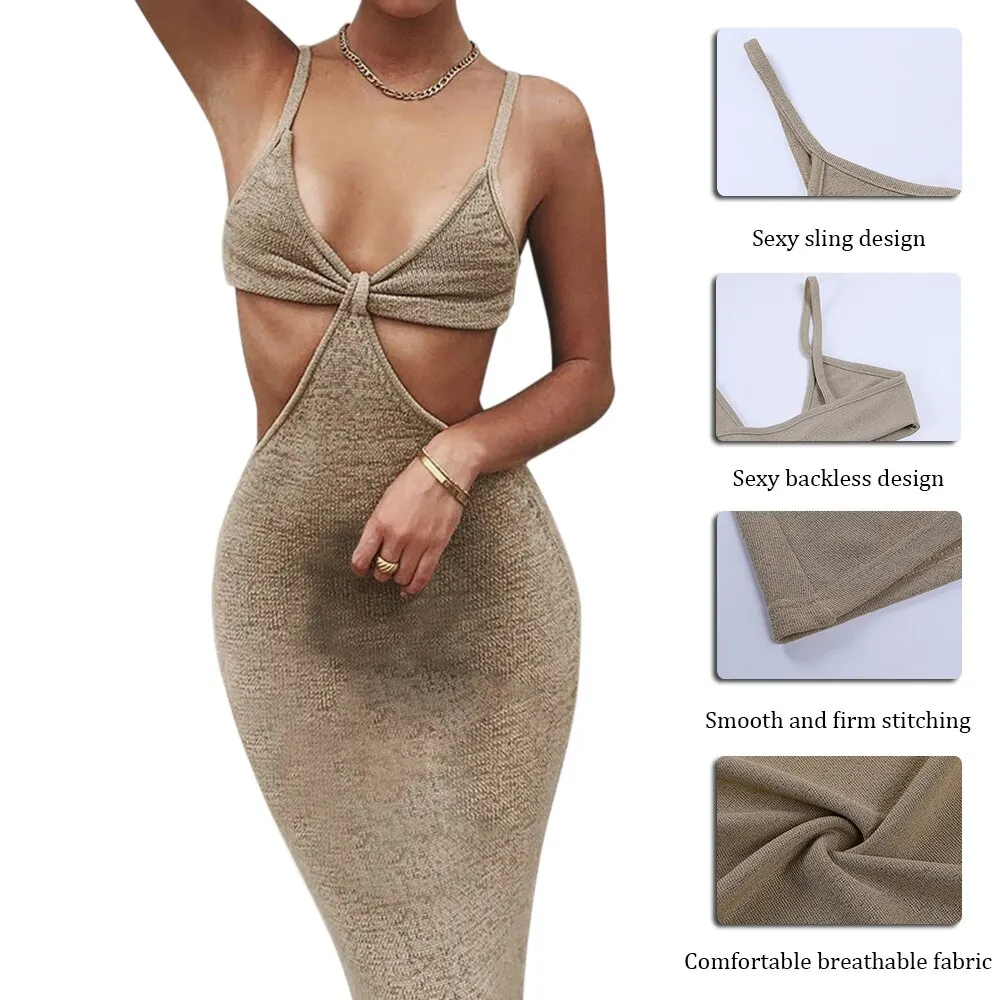 

2021 Vacation Knitted Maxi Dresses for Women Summer 2021 Solid Elegant Sexy Party Cut Out Backless Bodycon Dress