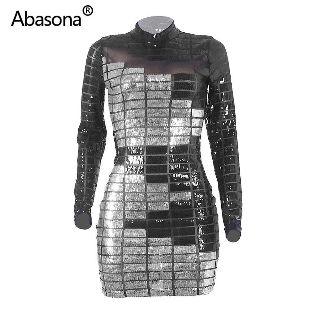 Abasona, Осеннее, зимнее, женское, с длинным рукавом, геометрический рисунок, сексуальное, облегающее, мини платье, из прозрачной сетки, обтягивающие, с блестками, платья, вечерние, для ночного клуба