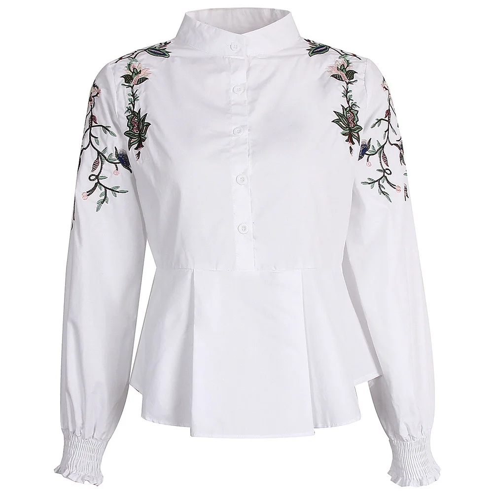

Women Flods Blouses Shirts Flower Embroidered Stand Collar Button Lantern Sleeve Ruffle Tops Long Sleeve Casual 2021 New