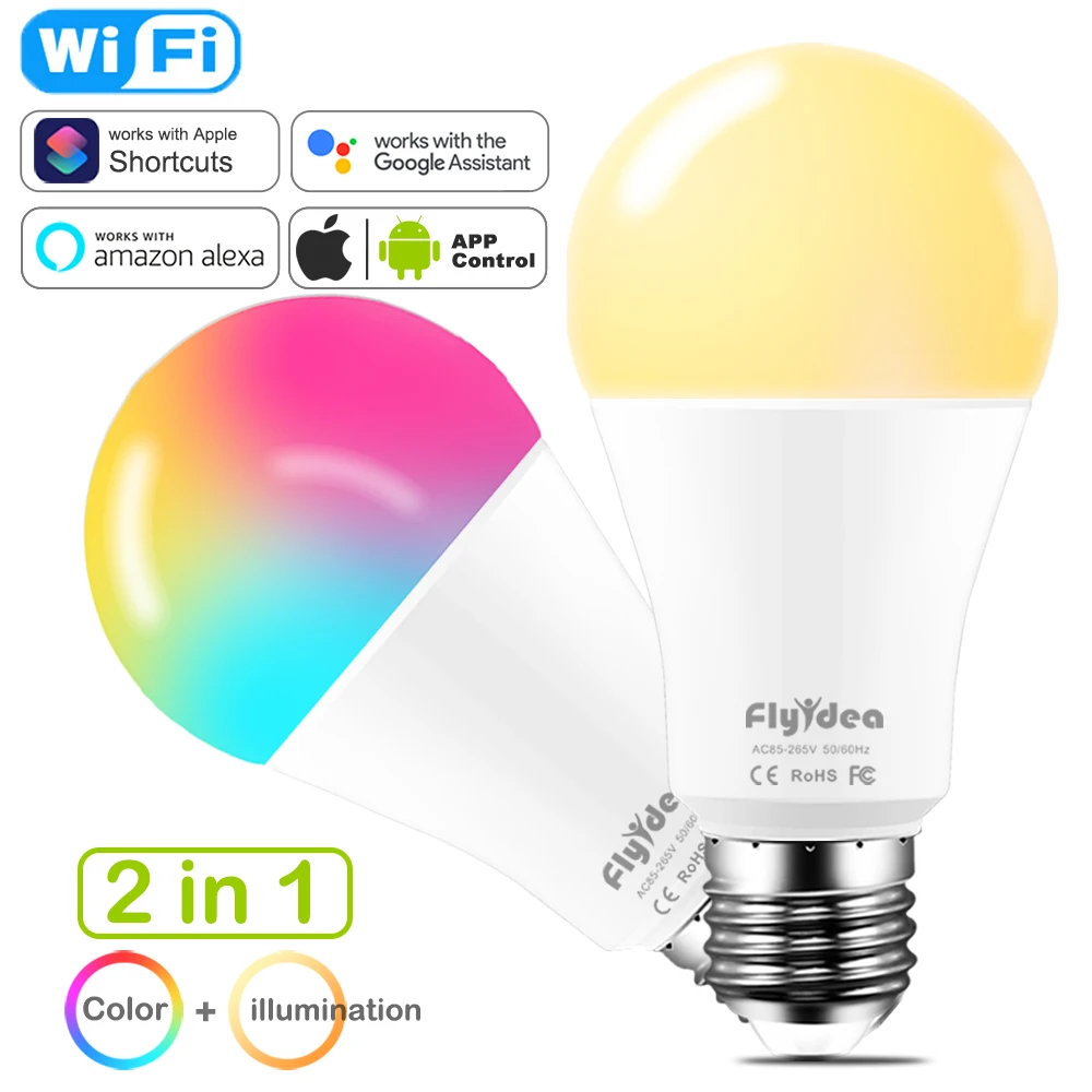 Умная лампа с регулируемой яркостью, 15 Вт, изменение цвета, Wi-Fi светильник RGB, E27, светодиодная лампа, 220 В, 110 В, работает с Alexa Google Assistant, голосовым управлением Siri - изображение