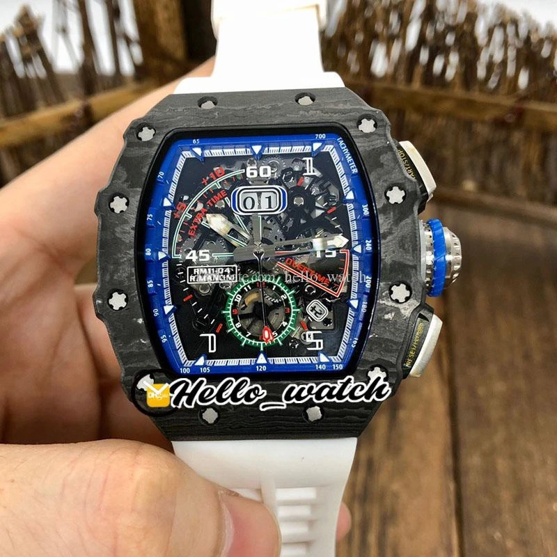 

New Flyback Big Date Top Black Carbon Fiber Autoamtic Mechanical Skeleton Dial Men's Watch Blue Rubber Watches