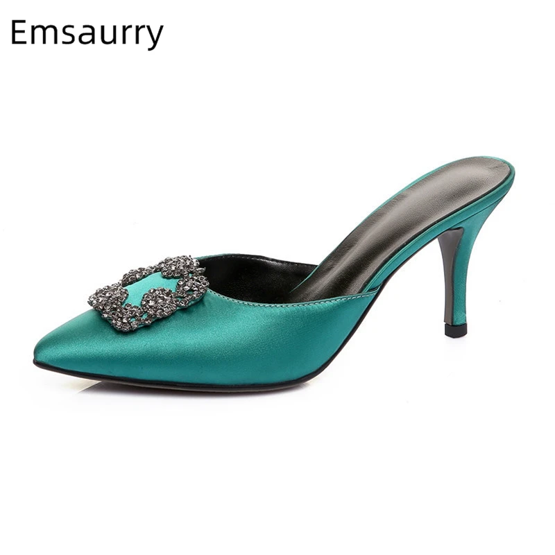 Новинка Летние женские туфли без задника с острым носком квадратной пряжкой и