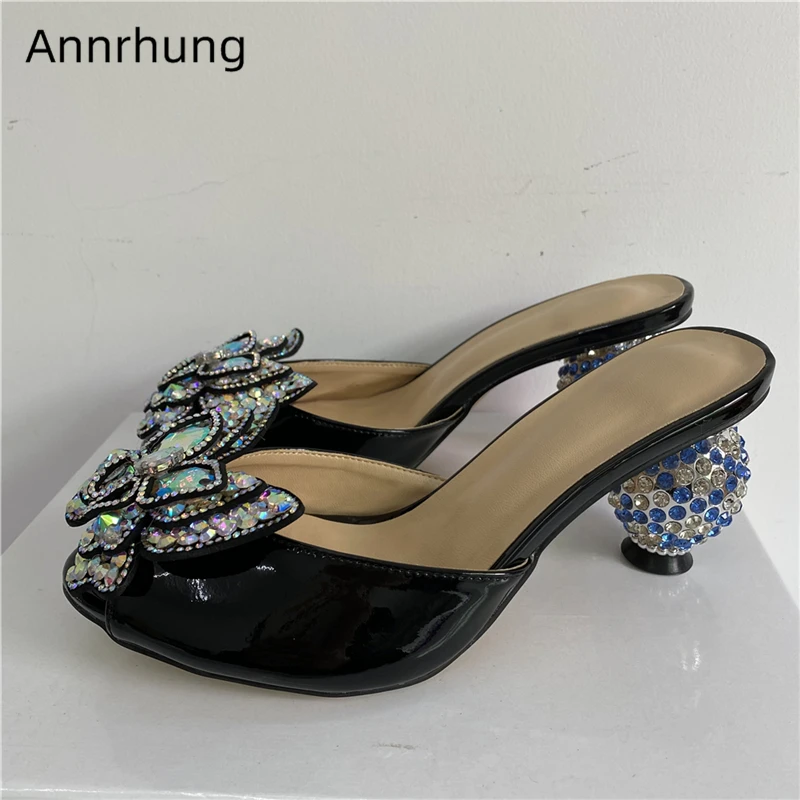 

Beaded Rhinestone Butterfly-Flower Sandals Women Diamond Spherical Heel Slingbacks Luxury Patent Leather Summer Mules