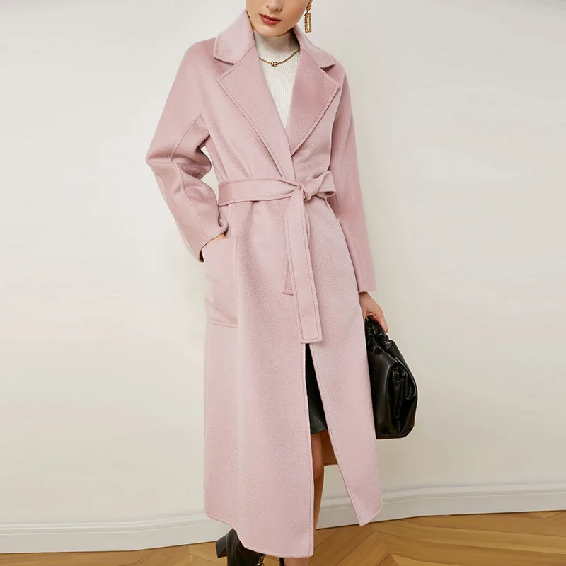 European Style Loose Woolen Coat Women Notched Collar Mid-Length Lace Up Wool Coat 2021 New Solid Double-Faced Cashmere Coat