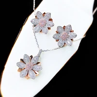 fashion silver color gold necklace sets for women luxury jewelry earrings pink bling lotus flowers wedding bridal for women