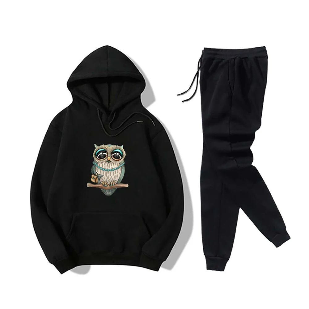 

Owl Print Women Sweatshirt Sweatpants set Long Sleeve Hoodie Tops Drawstring Pants Causal Tracksuit Women's Set