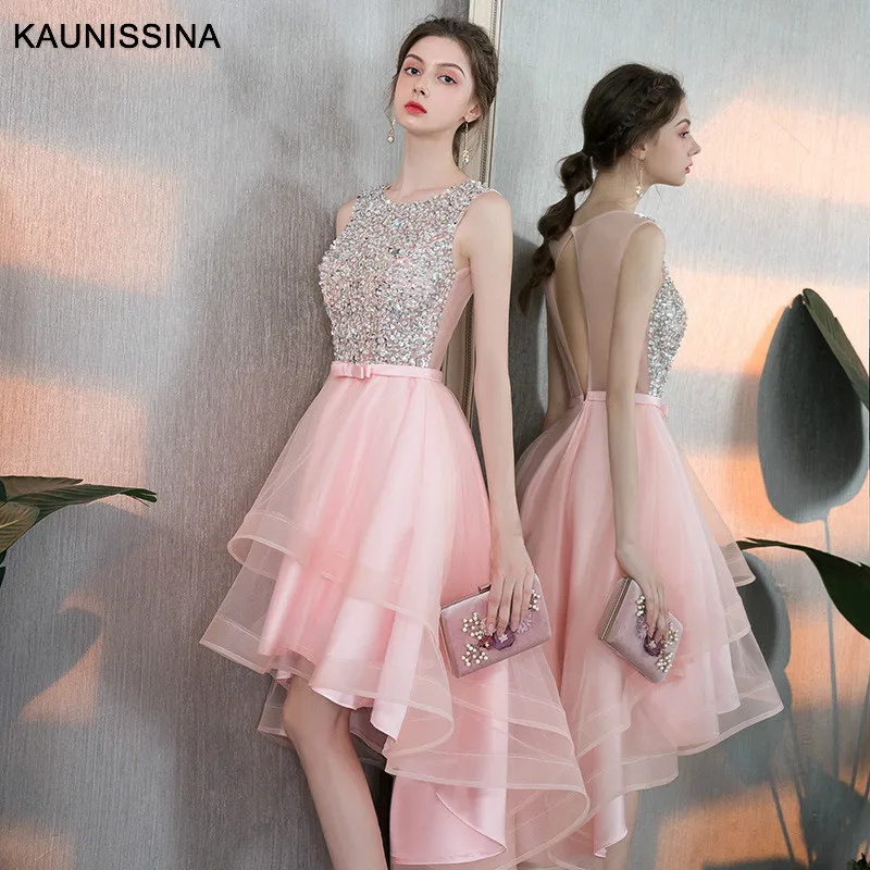 

KAUNISSINA Luxury Beading Cocktail Dresses Beautiful Party Prom Gown Sleeveless O-Neck Asymmetrical Homecoming Dress Cocktail