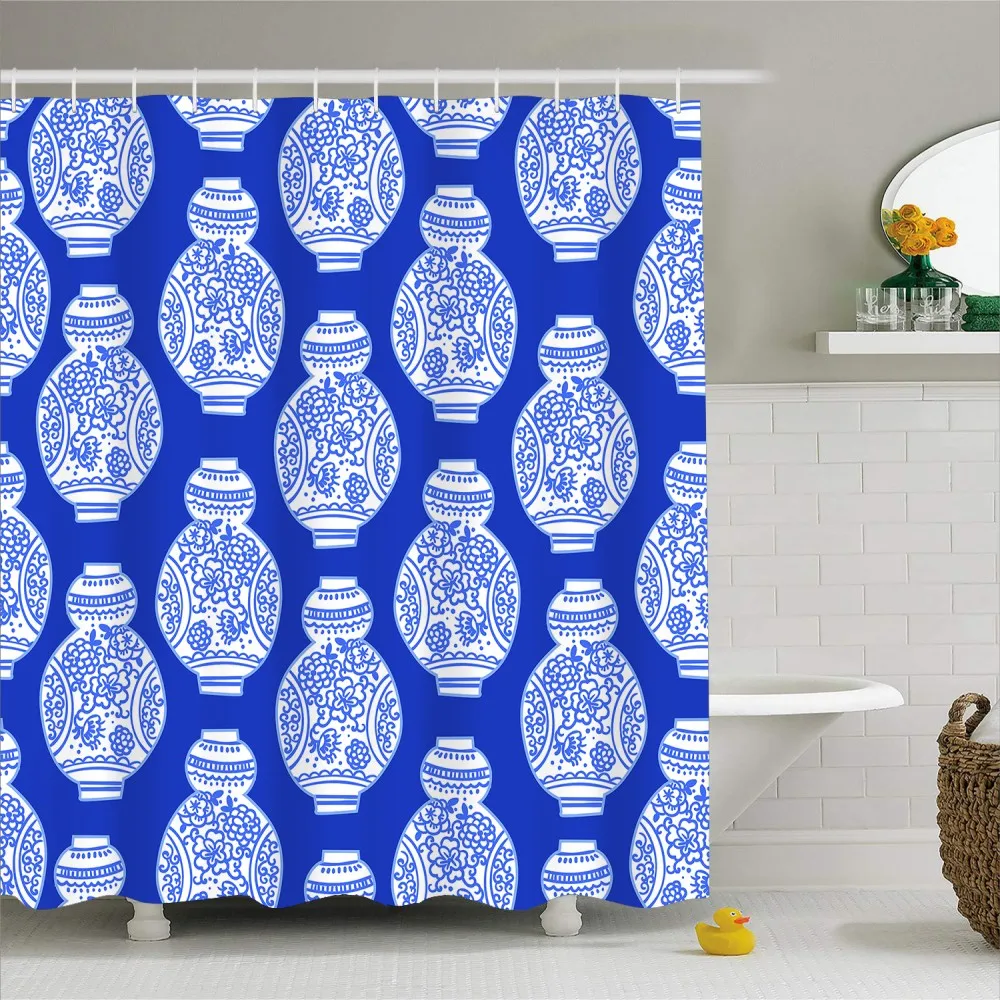 3D сине белые фарфоровые узоры занавески для душа полиэстер прочный