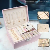 two layer leather jewelry box organizer display storage case with lock multifunction necklace earring storage box women gifts