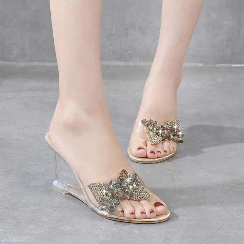 YEELOCA New High Heel Women's Wild Summer Women's Shoes Word Buckle Simple Wedge Sandals Transparent Bow-knot Slippers