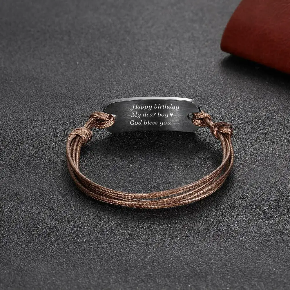 

Name Engravd Personalized Bracelet Leather Rope Stainless Steel Curved Piece Retro Custom Jewelry Anniversary Date Bracelet