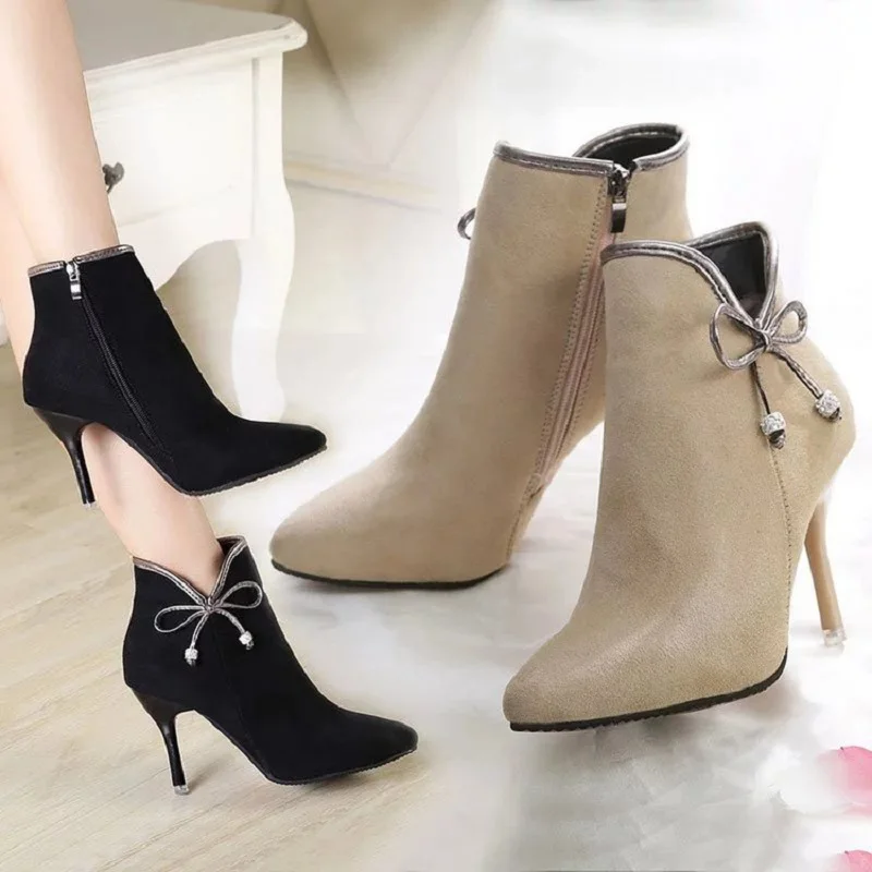 

2019 autumn and winter new low-tube women's high-heeled ankle boots large size pointed stiletto bow fleece zipper single boots