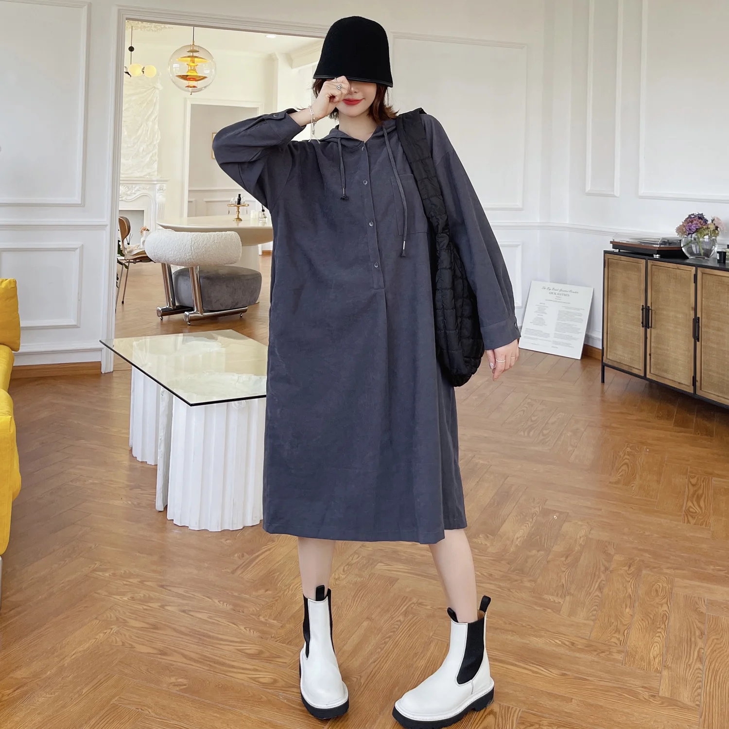 

Women's Large Size Casual Mid-Length over-the-Knee Dress for Plump Girls Covering Belly Thin Hooded Sweater Dress Autumn Loose