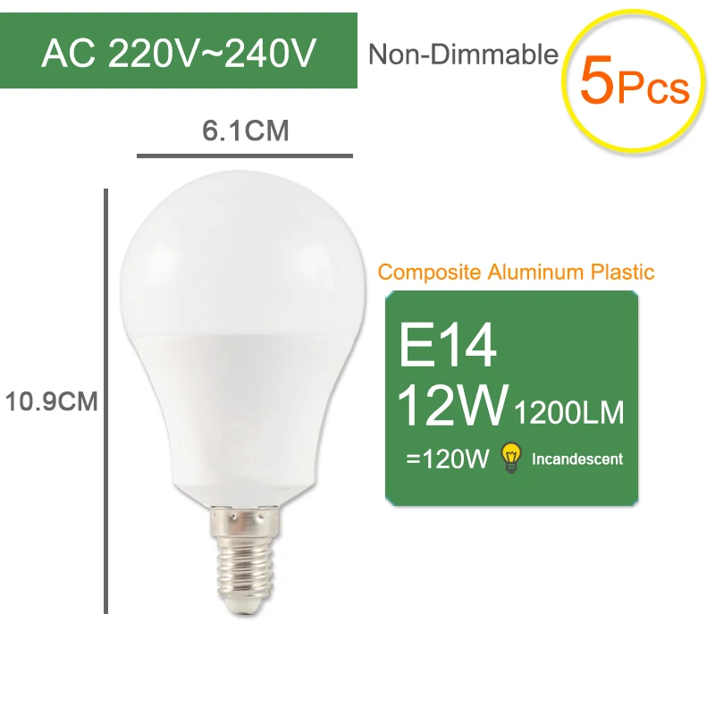 E14 12W 5pcs Kaguyahime 1 шт./5 шт. 6 Вт 20 Вт затемнения E27 светодиодный 220 В лампа светодиодный E27 лампа E14 высокий яркий светодиодный светильник Лампада Lampara Bombilla Ampoule - Испускаемый цвет: E14 12W 5pcs