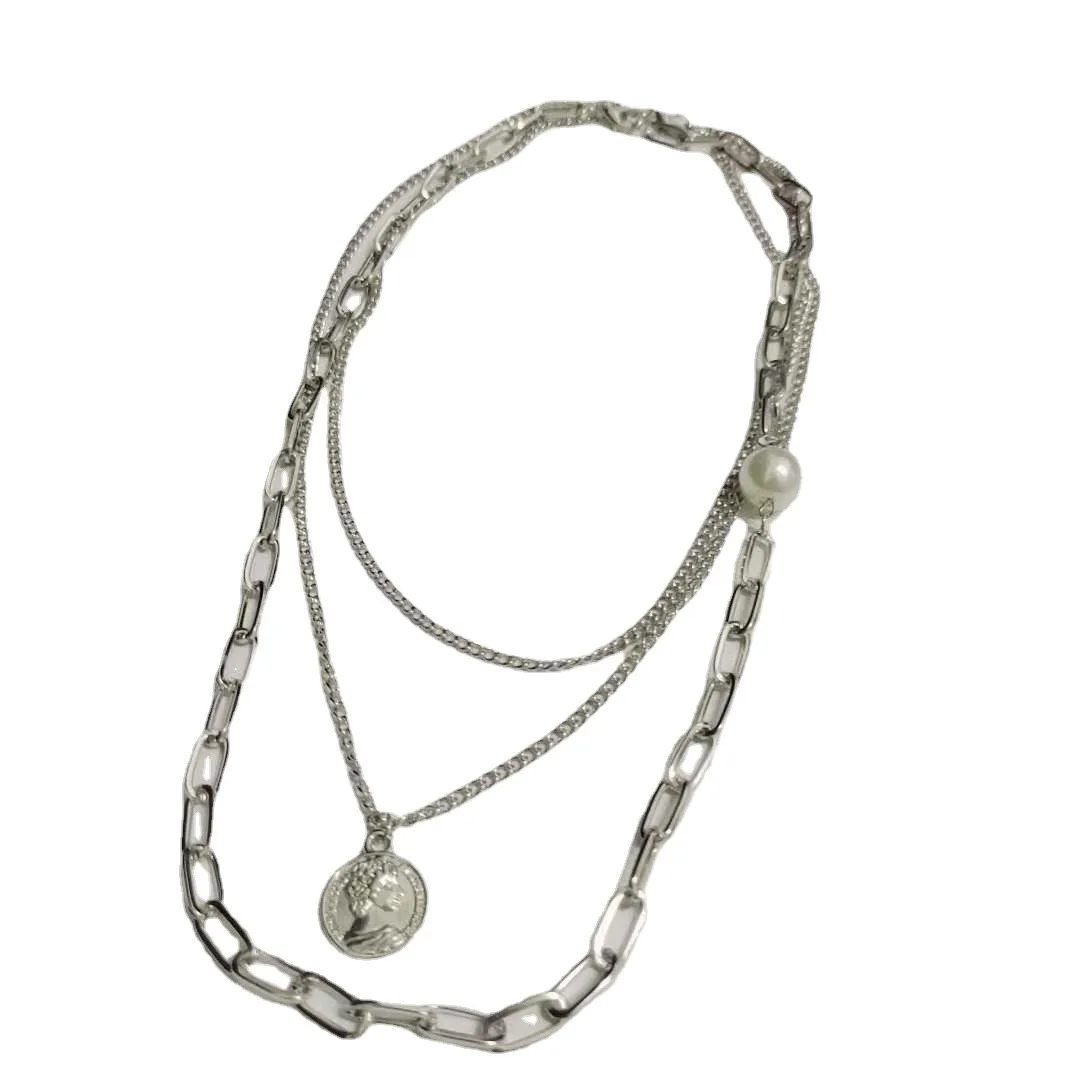 

European and American cross border jewelry retro cool multi-layer mix temperament pearl trendsetter head Necklace sweater chain