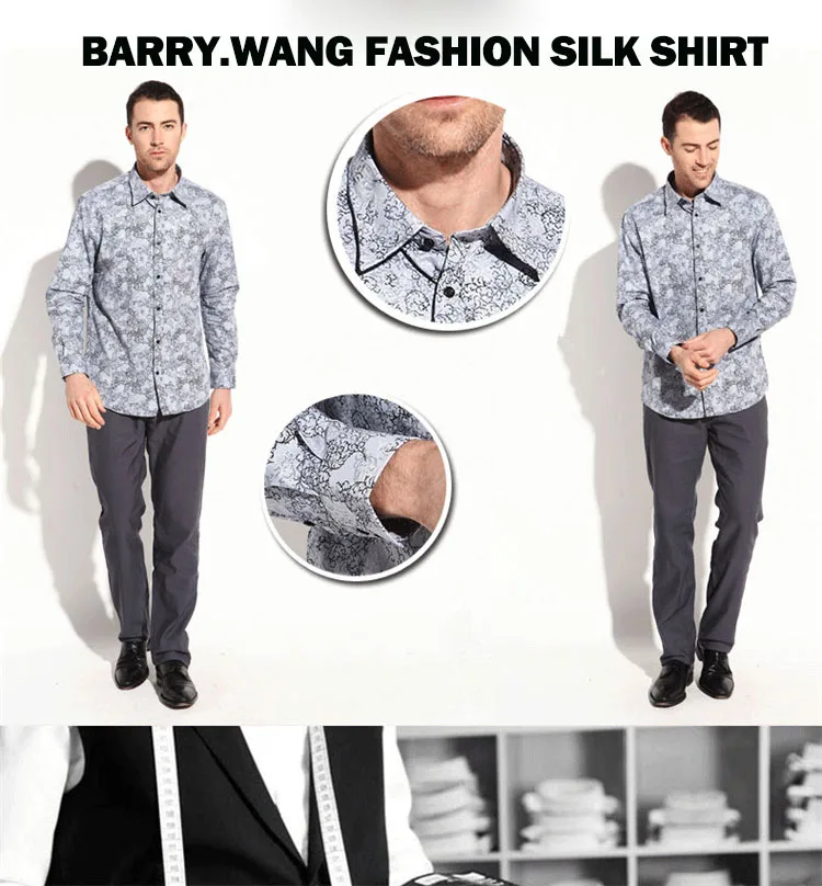 Barry.Wang черного цвета с цветочным узором из шелковые рубашки Для мужчин с длинными рукавами на осень, Повседневное рубашка с цветочным рисунком для Для мужчин дизайнерские подходит Классическая рубашка BCY-04