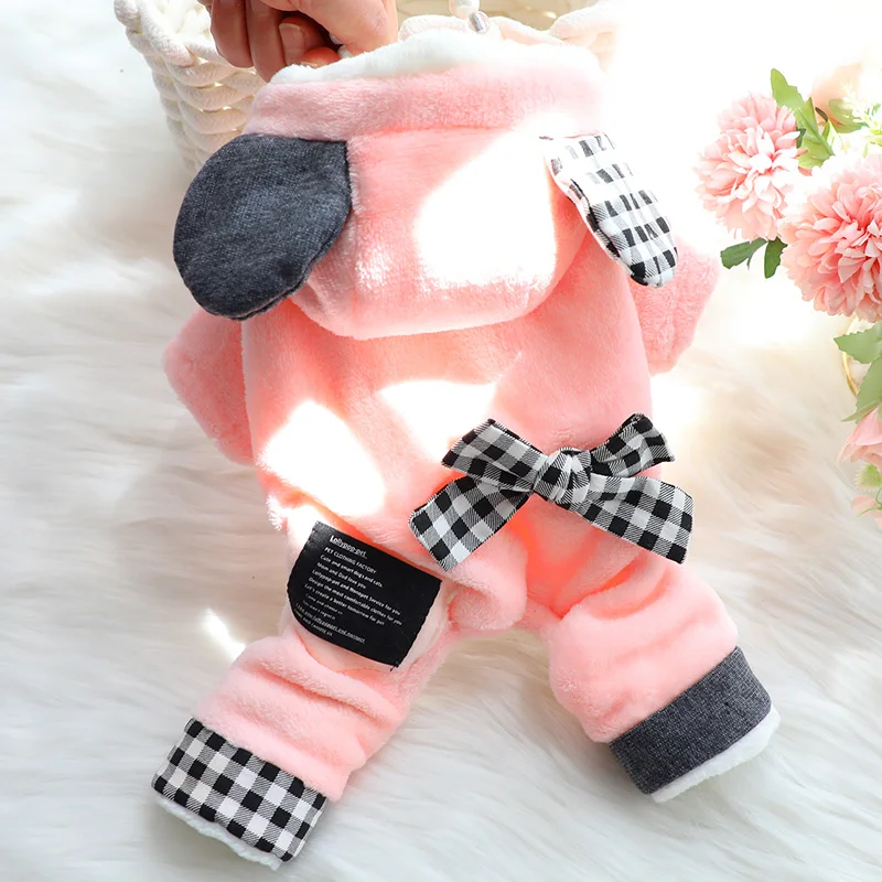 

Розово-серая Одежда для собак, зимняя одежда, одежда для кошек, клетчатый медведь, Фланелевое пальто с четырьмя ногами, Тедди, одежда для мал...