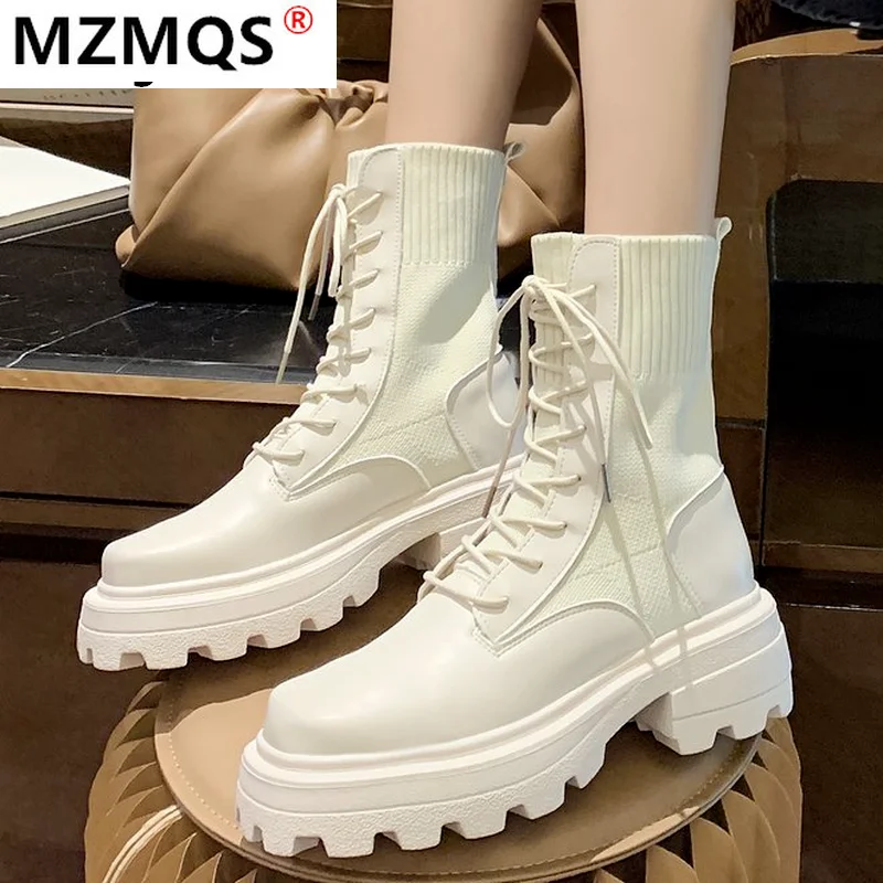 

Женские ботильоны на платформе из искусственной кожи, Новинка осени 2021, модные сращивающиеся эластичные женские повседневные ботинки с кру...