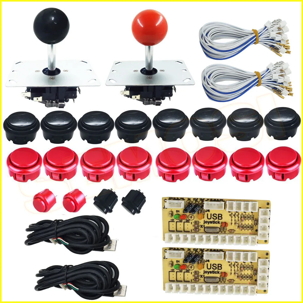Red and Black Kit 2 Нулевой задержкой, usb-датчик для ПК аркадный джойстик пуш-ап пуговицы «сделай сам» комплект с 2pin кабели 8 способ 5pin джойстик для MAME Jamma машина - Цвет: Red and Black Kit 2