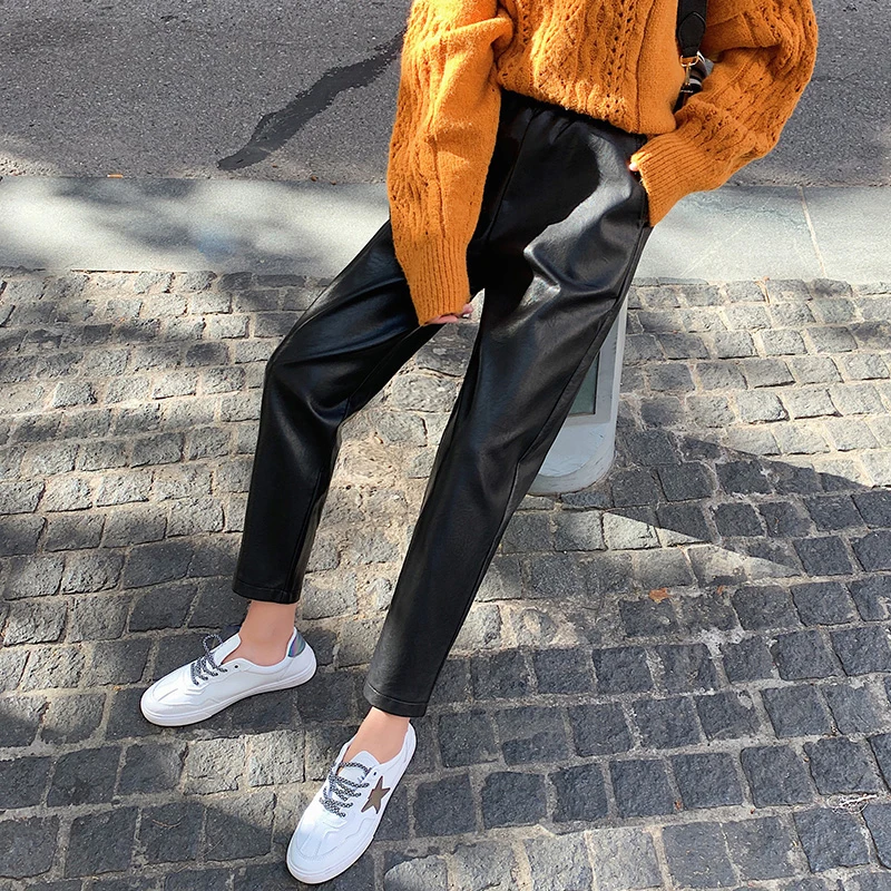 

Leather PU Pants Women Elastic Waist Ankle-Length PU Trouser Girls 2021 New European and American Style High Waist Pants Women