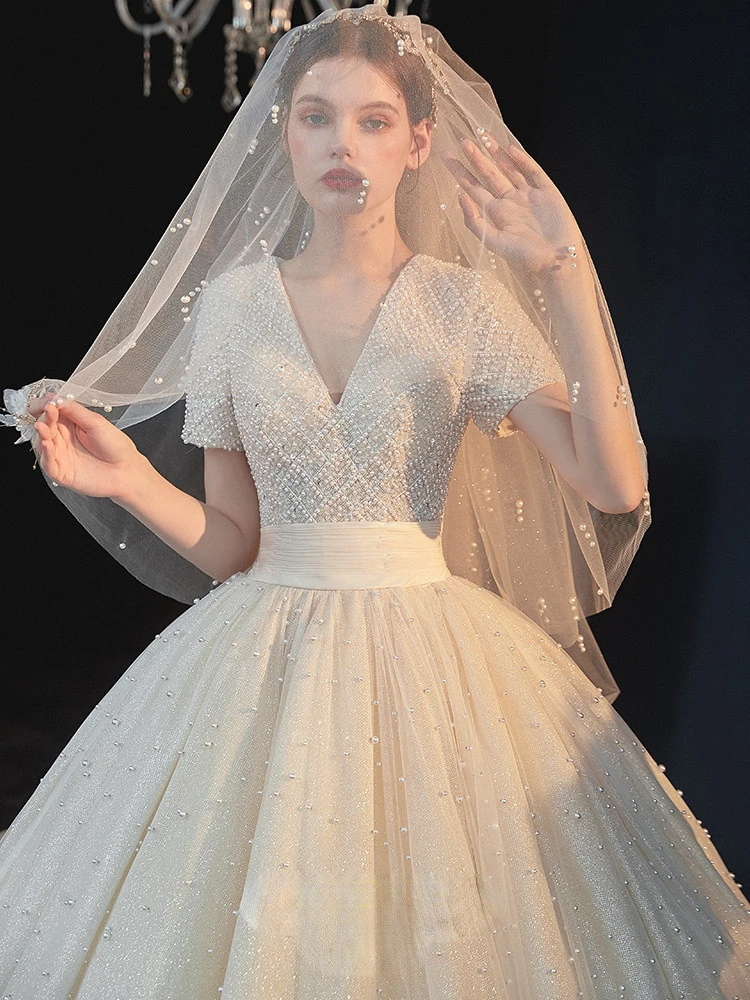 

KHRWedding Dress High Quality Beads V-Neck Short Sleeve LaceUp Sparkling Tea-length BallGown Vintage Dream Wedding Dress Luxury