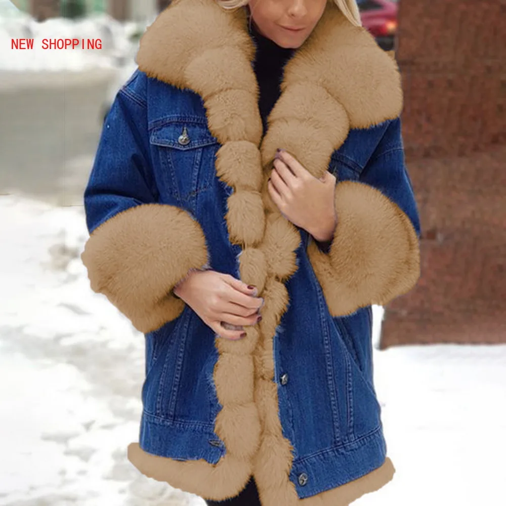 Luxurious Fur Collar Denim Jacket Long-sleeved Fleece Female Casual Winter Warm Coat Women Overcoat Plush Jackets Chaqueta Mujer