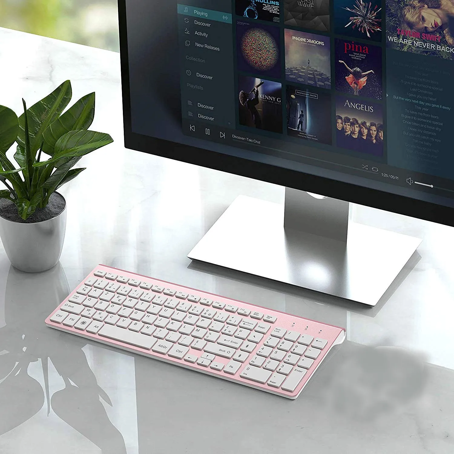 

Wireless Keyboard French (Pink) Ergonomic USB Interface Computer Mute AZERTY Keyboard For PC Laptop TV