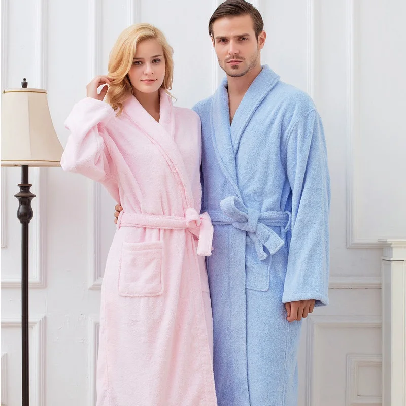 Women Towel Bathrobe 100%Cotton Long Thick Absorbent Terry Bath Robe Kimono Men LightWeight Waffle Solid Dressing Gown Sleepwear