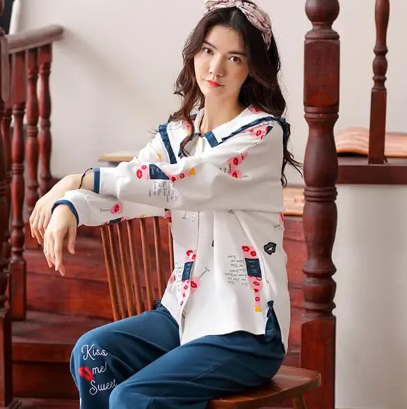 

Fdfklak Women pajamas set large size loose sleepwear pijama mujer new print cotton pyjamas sets ladies nightwear home pajama