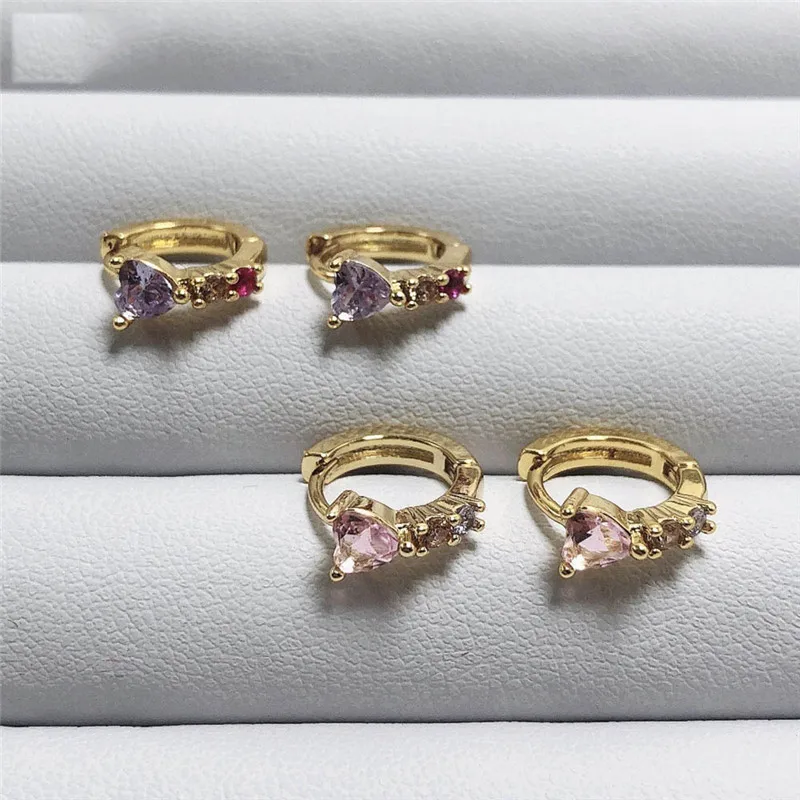 Женские серьги-кольца с фианитом розовые и синие серьги в форме сердца корейская