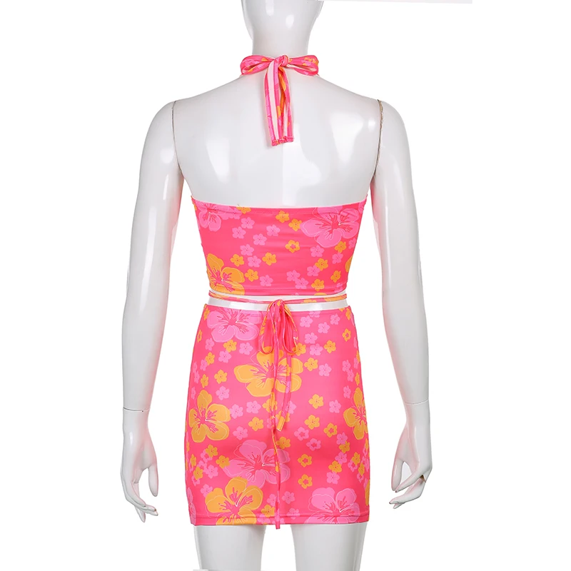 

Darlingaga Vintage Fashion Floral Print Summer Sexy Two Piece Set Women Ring Halter Top and Mini Skirts Suit Lace Up Outfits Y2K