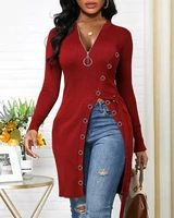 long sleeve zipper design high slit knitting sweater top women autumn 2021 fashion