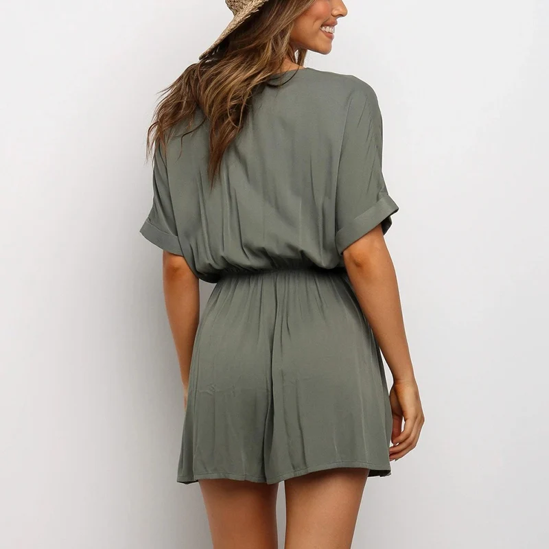 

Beach Casual 2021 New Summer Fashion Short Sleeve Waist Knotted All-Match Retro V-neck Short Solid Color Single-breasted Sandy