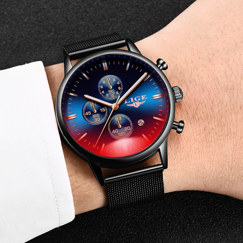 Часы наручные LIGE Мужские кварцевые роскошные брендовые модные повседневные